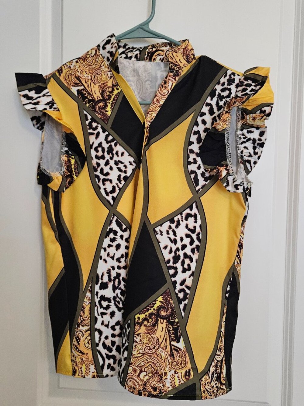 Baroque Leopard Mixed Print Sheer Flutter Sleeve Blouse Size S